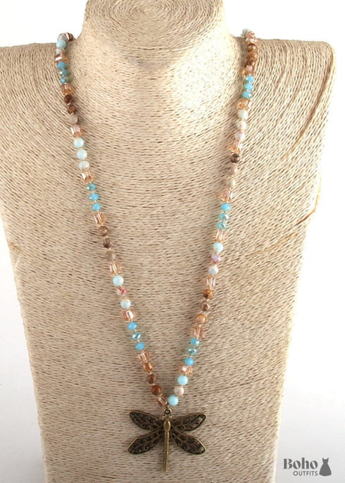 Boho Necklace, RH Amazonite Jasper, Dragonfly Brown Natural Stone